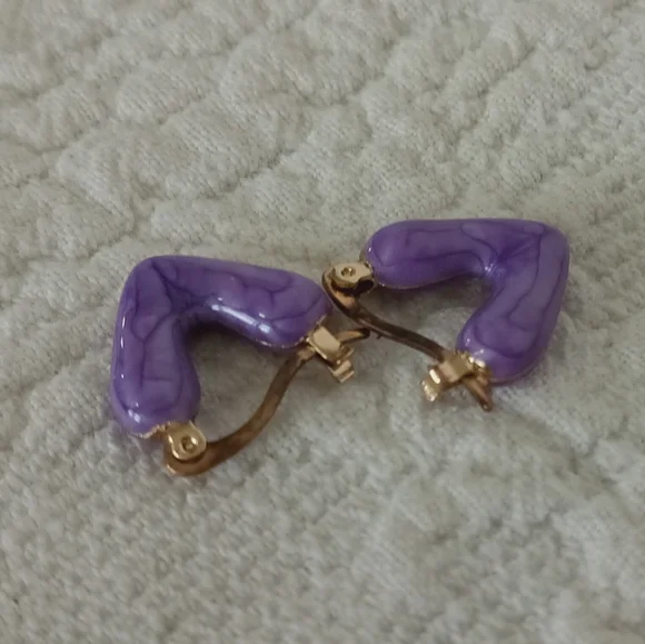 Purple Enamel Heart Hoop Earrings Cute Small Artsy Colorful Love Fun Gold Petite - Picture 7 of 7